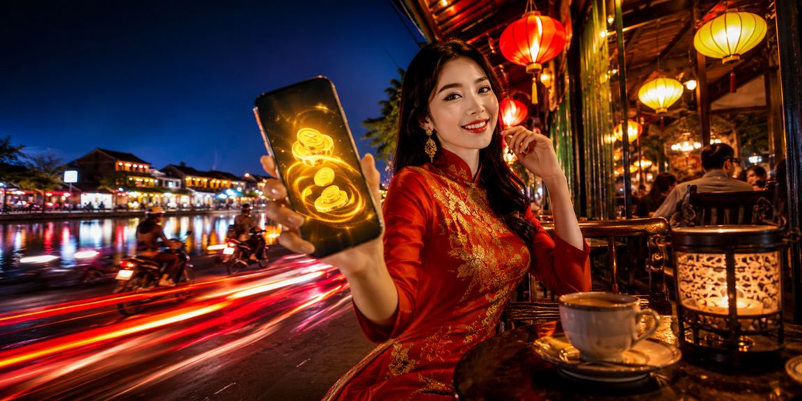 Người dùng Hội An nhâm nhi cà phê và kiểm tra ưu đãi hoàn trả trên ứng dụng tx666