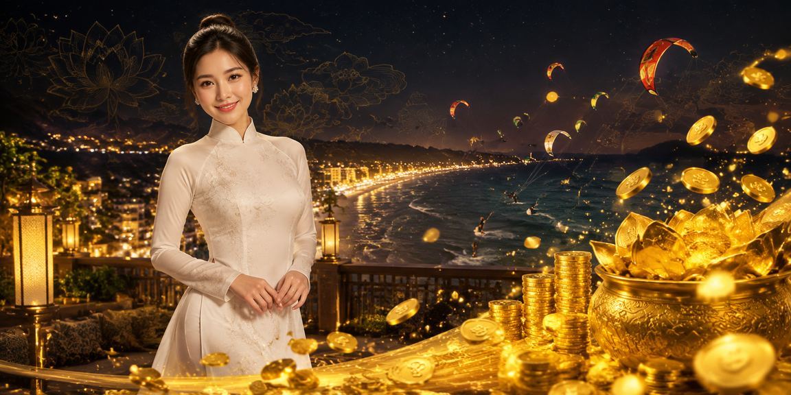 Khung cảnh biển Mũi Né – người dùng trải nghiệm VIP bonus trên thiết bị di động với trang phục áo dài