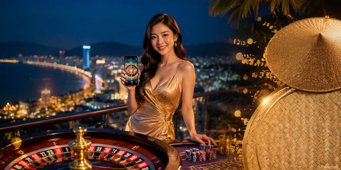 Phong cảnh Quy Nhơn với trò chơi roulette và nón lá truyền thống Việt Nam
